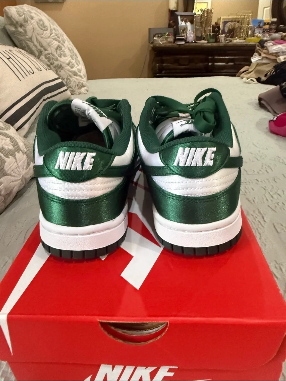 Nike Kids Dark Green Satin and White Low-Top Sneakers